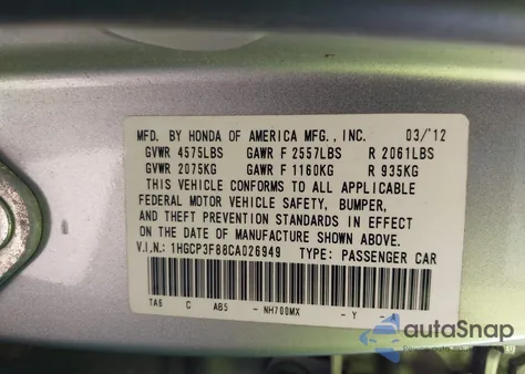 2012 Honda Accord 3.5 Ex-L z USA, uszkodzony, nr VIN 1HGCP3F88CA026949